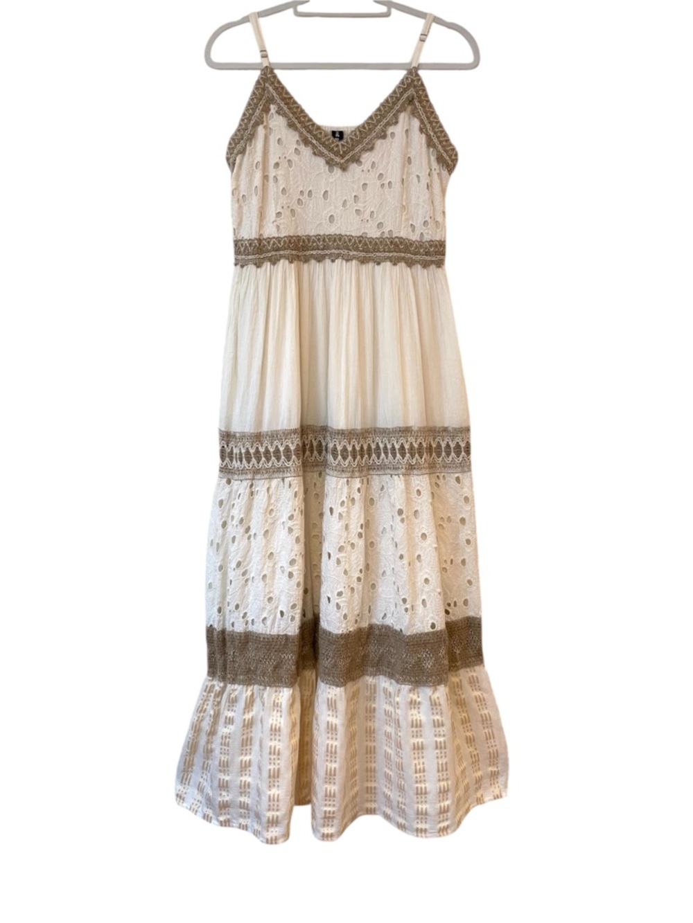 Me 2 Magic Anthropologie Boho Eyelet Tiered Maxi Dress Cotton Cream Sundress Lg